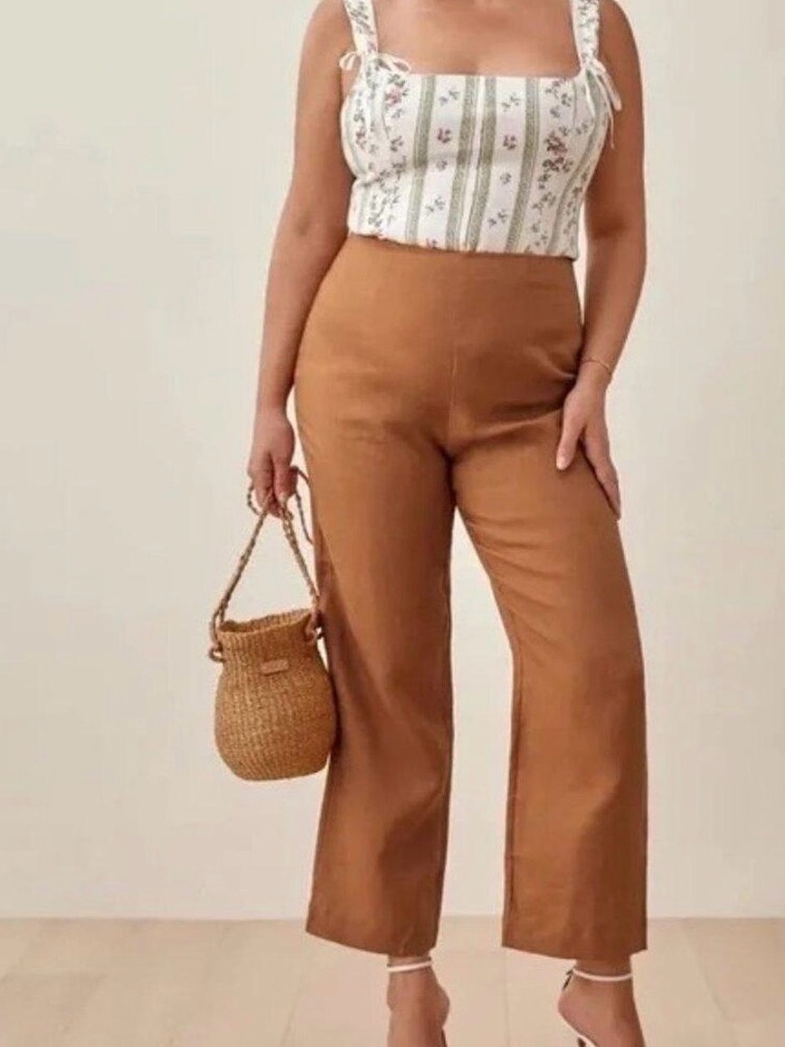 Reformation Justin High Rise Linen Pants Trousers Barely Brown Womens 6